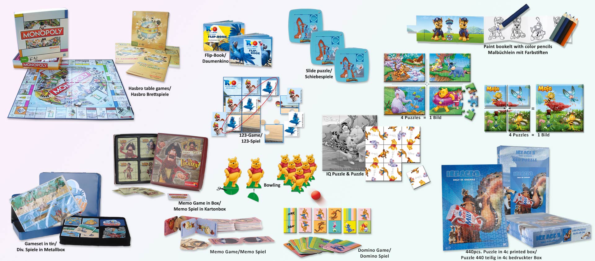 Die Abbildung zeigt Spiele, wie Memo Game, Puzzle, Schiebespiel, Kegeln, Domino, Brettspiele, sowie Malbüchlein oder Rätselbüchlein mit Farbstiften. The picture shows games, such as memo game, puzzle, slide puzzle, skittles, domino game, board games, as well as coloring booklets or puzzle booklets with color pencils.